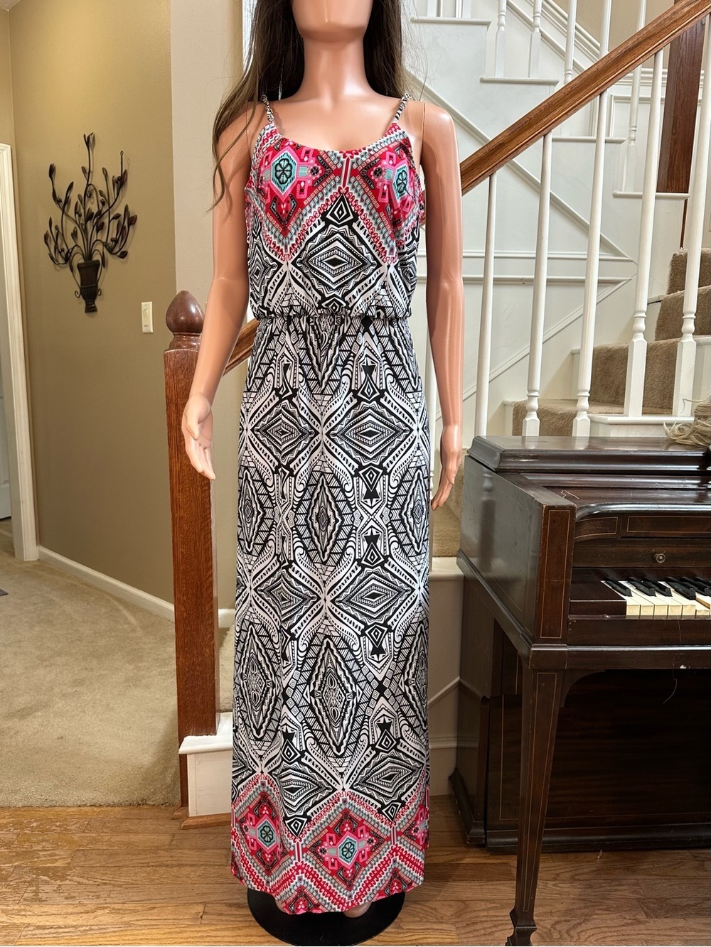 Cato Sleeveless Black & Pink Geo Print Maxi Dress